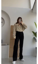 Siyah Çizgili Krem Polo Yaka Sweatshirt