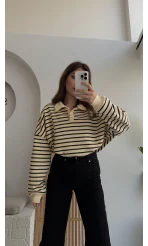 Siyah Çizgili Krem Polo Yaka Sweatshirt