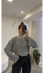 Siyah Çizgili Mavi Baskılı Sweatshirt - Kod: 1126