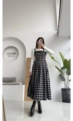 Siyah Deri Detaylı Ekose Desenli Elbise