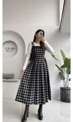 Siyah Deri Detaylı Ekose Desenli Elbise