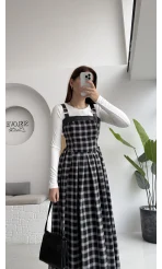 Siyah Deri Detaylı Ekose Desenli Elbise