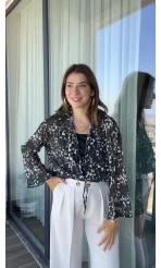 Siyah Leopar Model Transparan Gömlek