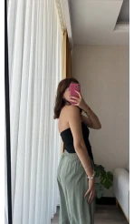 Siyah Straplez Büzgülü Üst