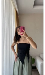Siyah Straplez Büzgülü Üst