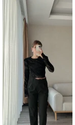 Vatkalı Siyah Tül Askılı Uzun Kol Bluz
