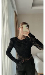 Vatkalı Siyah Tül Askılı Uzun Kol Bluz