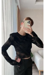 Vatkalı Siyah Tül Askılı Uzun Kol Bluz