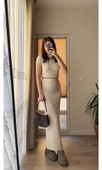 Sley Triko Etek Bluz Takım Bej