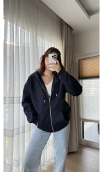 Snw Kapüşonlu Şardonlu Hırka Lacivert