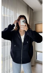 Snw Kapüşonlu Şardonlu Hırka Lacivert