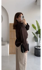 Sofia Dökümlü Saten Gömlek - Acı Kahve