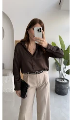 Sofia Dökümlü Saten Gömlek - Acı Kahve
