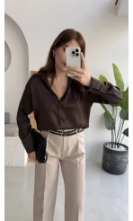 Sofia Dökümlü Saten Gömlek - Acı Kahve