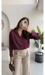 Sofia Dökümlü Saten Gömlek - Mürdüm