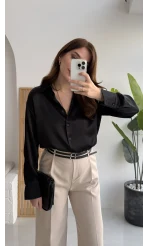 Sofia Dökümlü Saten Gömlek - Siyah