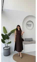 Sophia Parçalı Kemer Detaylı Elbise - Acı Kahve - Kod: 2313
