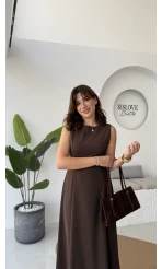 Sophia Parçalı Kemer Detaylı Elbise - Acı Kahve - Kod: 2313