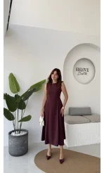 Sophia Parçalı Kemer Detaylı Elbise - Bordo - Kod: 2313