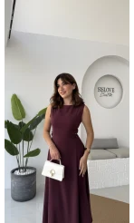 Sophia Parçalı Kemer Detaylı Elbise - Bordo - Kod: 2313