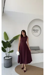Sophia Parçalı Kemer Detaylı Elbise - Bordo - Kod: 2313