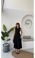 Sophia Parçalı Kemer Detaylı Elbise - Siyah - Kod: 2313