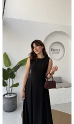 Sophia Parçalı Kemer Detaylı Elbise - Siyah - Kod: 2313
