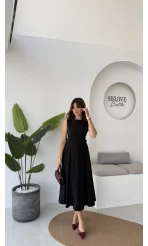 Sophia Parçalı Kemer Detaylı Elbise - Siyah - Kod: 2313