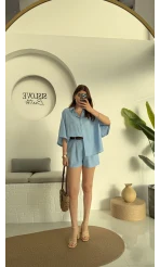 Şort Gömlek Keten Takım Mavi