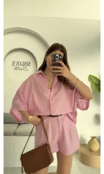 Şort Gömlek Keten Takım Pembe