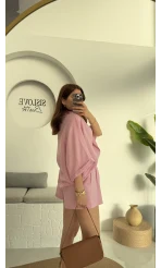 Şort Gömlek Keten Takım Pembe