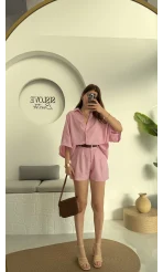 Şort Gömlek Keten Takım Pembe