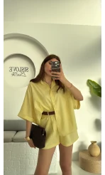 Şort Gömlek Keten Takım Sarı