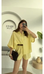 Şort Gömlek Keten Takım Sarı