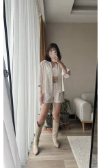 Şortlu Kemerli Keten Takım