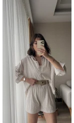 Şortlu Kemerli Keten Takım