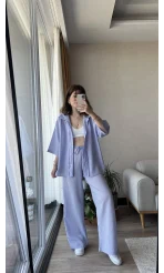 Star Çizgili Lila Gömlek Pantolon Takım