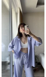 Star Çizgili Lila Gömlek Pantolon Takım