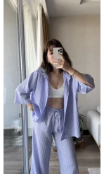 Star Çizgili Lila Gömlek Pantolon Takım