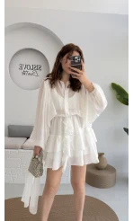 Star Kuşaklı Elbise - Beyaz - 205164