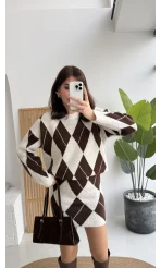 Stephen Baklava Desenli Kazak Mini Etek Takım - Ekru