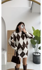 Stephen Baklava Desenli Kazak Mini Etek Takım - Ekru