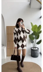 Stephen Baklava Desenli Kazak Mini Etek Takım - Ekru