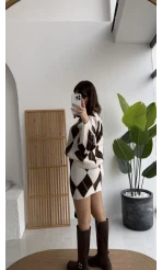 Stephen Baklava Desenli Kazak Mini Etek Takım - Ekru