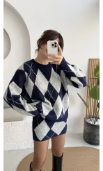 Stephen Baklava Desenli Kazak Mini Etek Takım - Lacivert