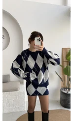 Stephen Baklava Desenli Kazak Mini Etek Takım - Lacivert