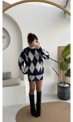 Stephen Baklava Desenli Kazak Mini Etek Takım - Lacivert