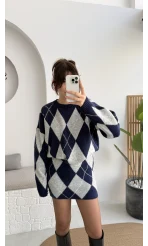 Stephen Baklava Desenli Kazak Mini Etek Takım - Lacivert