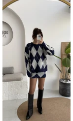 Stephen Baklava Desenli Kazak Mini Etek Takım - Lacivert