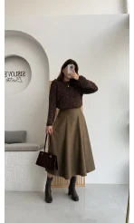 Süet Midi Etek Haki